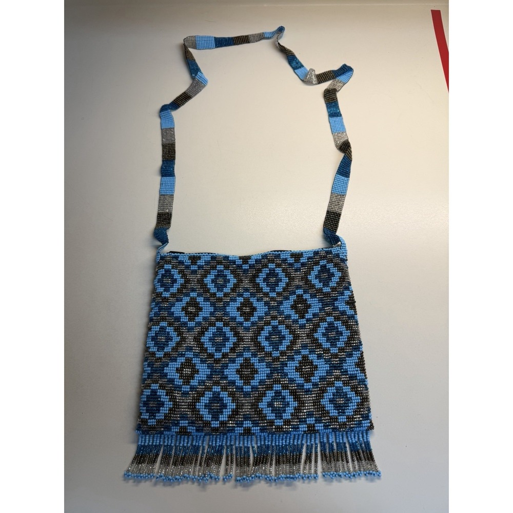 Vintage Handmade Seed Bead Fringe Crossbody Purse Blue Black Geometric Bag